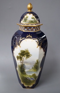 A Royal Worcester landscape painted hexagonal vase and cover signed ‘R.Rushlow’? 24cm